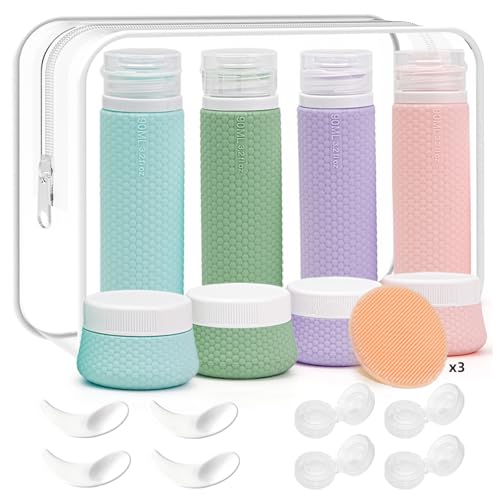 Silicone Travel Bottles & Cream Jars 19 Pack with Toiletry Bag - 3 oz Leak Proof TSA Approved Bottle & 1.35oz Creams Containers Toiletries Set for Lotion Shampoo Hair Gel Cosmetics Leather Anti-slip