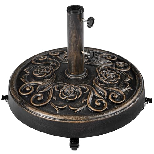 Yaheetech 25 kg Garden Parasol Base with Wheels Resin Heavy Duty Umbrella Stand Holder Outdoor Patio Umbrella Base Fits 34/38/48MM Poles with Rose Design Bronze