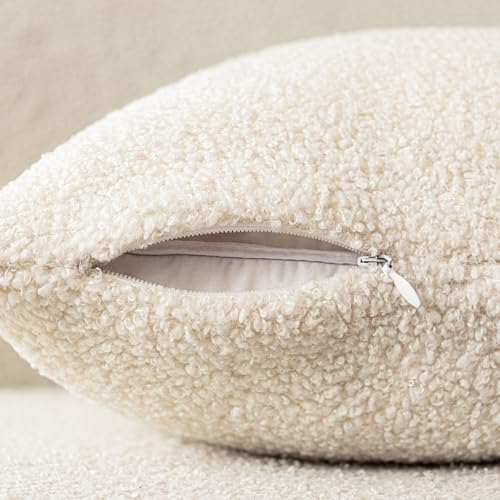 Image of Foindtower Pack of 2, Curly Faux Fur Decorative Throw Pillow Covers Soft Fuzzy Plush Cushion Case with Zipper Cozy Pillowcase for Home Living Room Couch Bed Sofa 12 x 20 Inch,Light Ivory