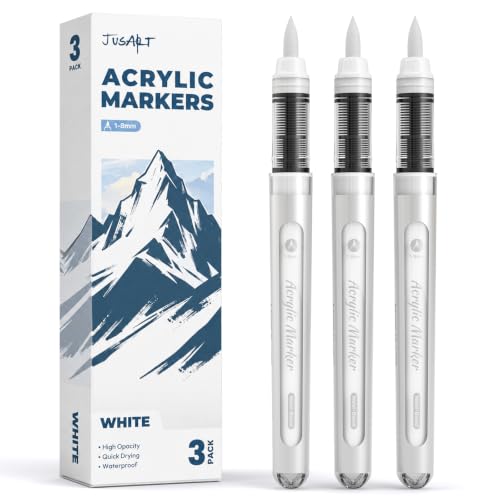 Image of JusArt 3 White Paint Markers Brush Tip, Water-Based No-Bleed Acrylic Markers with Automatic Ink Control, Waterproof Acrylic Paint Pens for DIY Art & Crafts -Fabric, Wood, Rock, Ceramic, Metal