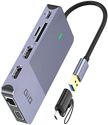 USB Docking Station GIQ USB C hub USB 3.0 to Dual HDMI VGA Adapter Triple Display USB C Laptop Docking Station Dual Display Compatible for MacBook M1 USB Dock-Grey