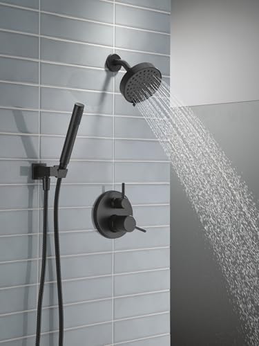 Image of Delta Modern Round Shower System Faucet Set, Matte Black 6-inch Shower Head and Handle Set, Valve Trim Kit, Matte Black T342704-BL (Valve Not Included)