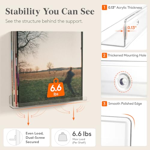 Image of Lifewit Narrow Acrylic Floating Shelves for Vinyl Record 12 inch, Clear 10 Pack