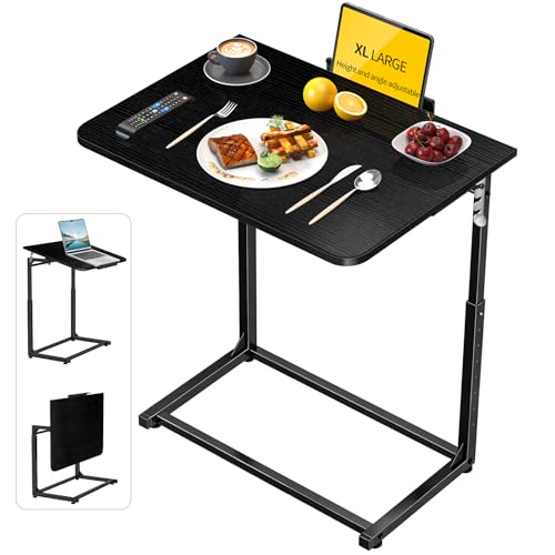 Image of Tv Tray Table,Extra Large Dinner Food Tray Table,Couch & Bed Eating Desk,Heavy Duty Folding Laptop Side Table with 8Height & 90 Tilt Adjustable,C-Shaped End Table with Phone /Tablet Slot Black