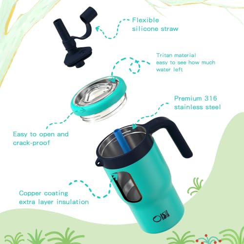 Image of OISIZ 14oz Kids Tumbler with Straw Lid & Handle,Kids Cup with Animal Accessory for School,Kids Water Bottles with Dust-proof Cover,Leakproof Bottles,316 Stainless Steel,Keep Cold 24 Hours-dark green