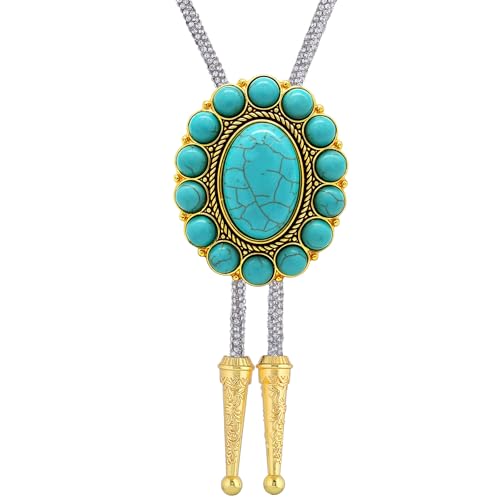 Image of GelConnie Bolo Tie for Men Women Western Cowboy Turquoise Leather Necktie | Natural Stone Bolo Tie Necklace for Women Rodeo Cowboy Leather Necktie Native American Western Cowgirl Ties Adjustable Cord