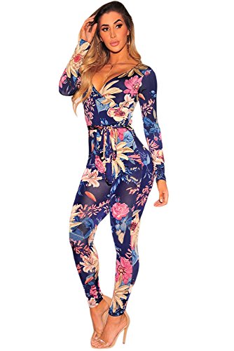 Mono sexy cuello en V manga larga y cinturón para mujer con corte slim fit