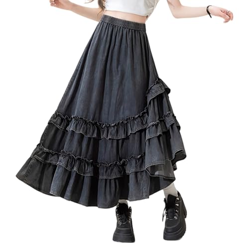High Waisted Asymmetrical Tiered Ruffle Denim Long Skirt Women Y2k Cute Casual Flowy A Line Jean Midi Skirts