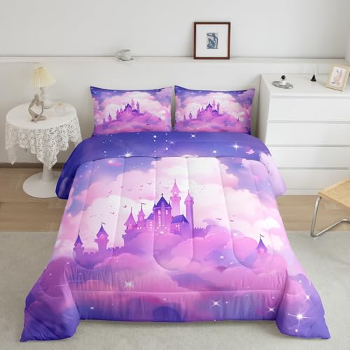 Juego de edredón de castillo matrimonial morado con 2 fundas de almohada 2