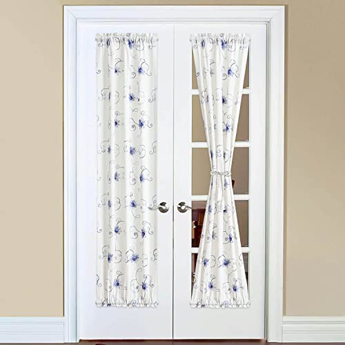 Image of VOGOL French Door Curtains, Rod Pocket Light Filtering Curtains for Doors with Glass Window, Blue Foral Embroidery Design for Kitchen Patio Doors, 25 x 72 Inches, 1 Panel