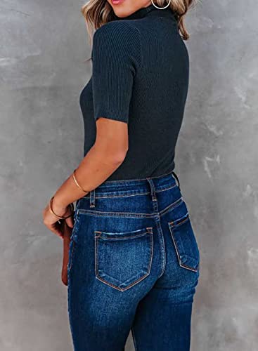 Image of Lacozy Women Casual Short Sleeve Shirt Basic Mock Neck Top Slim Fit Ribbed Knit Pullover Sweater