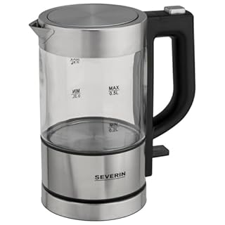 SEVERIN Mini Glas Wasserkocher 0,5 L, leistungsstark und kompakt in hochwertigem Design, elektrischer Wasserkocher mit Kalkfilter, Edelstahl/schwarz, WK 3472