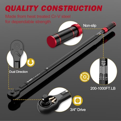 Image of VANPO 3 /4-inch Drive Click Torque Wrench, 200-1000 Ft-Lb /271-1355 Nm | 48.03'' Length, 48-Tooth Click Torque Wrench with a Hex Key, Precision Mechanic Tools for Oil Rigs, Trucks & Wind Turbines