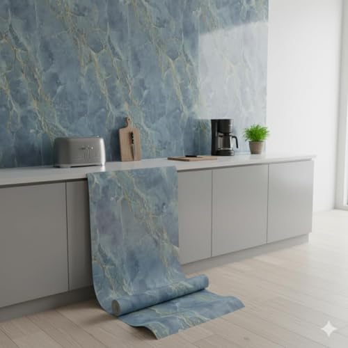 Image of VKR Luxury Marble Peel & Stick Wallpaper Roll | Waterproof Self Adhesive Vinyl Sheet for Kitchen Countertops, Furniture, Tables, Cabinets, Wardrobes & Wall Decor (Blue & Gold, Pack of 1)