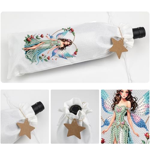 Image of DIY 5D Diamond Painting Gift Wrap, Special Shaped Diamond Art Linen Cover for Champagne Bottles, Party Supplies for Christmas Wedding Birthday Holiday (Butterfly Fairy)