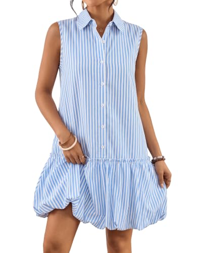 Image of Bsubseach Womens Casual Summer Dresses Sleeveless Linen Bubble Mini Short Dress Button Down Shirt Sundress with Pockets