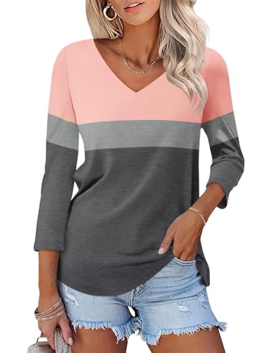 Women's V Neck 3/4 Sleeve Tops Color Block/Solid Shirts Basic Summer Tees