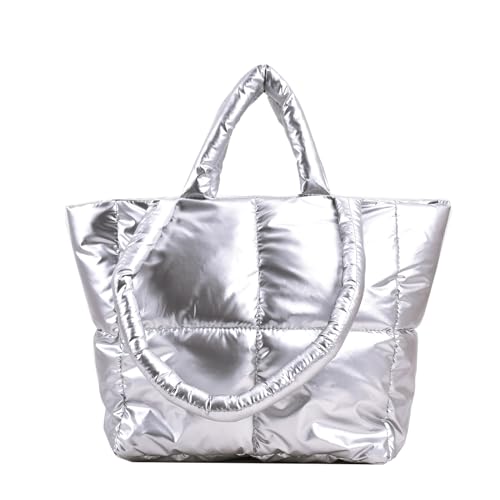 ATQCOL Puffer Tote Bag for Women,Light Weight Quilted Puffy Shoulder Handbag,Padded Down Hobo Purse for Girl(Silver)