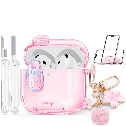Skyconser with Safety Lock for Apple AirPods 4 Case 2024,Clear Cases with Phone Stand & Cleaning Kit,Soft TPU Cover for AirPods 4th Generation Case,Cute Bling Keychain for Women Girls-Clear Pink