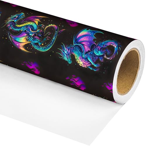 Altarho Dragon Wrapping Paper Roll for Kids Boys Women Men - Neon Dragon Print Mythic Gift Wrap Sheets for Birthday Adult Anime Party Supplies Total 28.5sq.ft