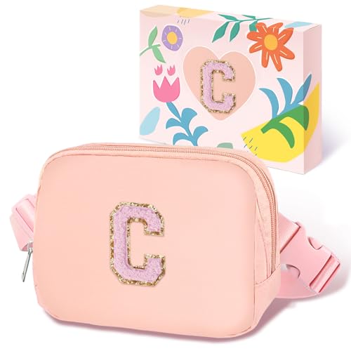 Image of COSHAYSOO Valentines Birthday Initial Gifts for Teen Girls 5 6 7 8 9 10 11 12 13 14 Year Old Pink Fanny Pack for Girls Belt Bag Crossbody Travel Purse Unique Trendy Girly Stuff Chenille Letter C