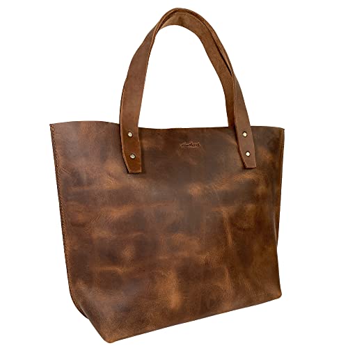 Heather's, Minimalist Handbag with Handle Mandmade from Full Grain Leather - Durable, Spacious Bag, Classy, Vintage Purse for Everyday Use, Travel & Shopping - Bourbon Brown