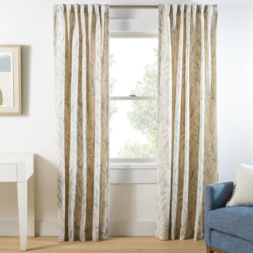Pine Cone Hill Margot Linen Pewter Blue Floral Woven Curtain Panel, 84"