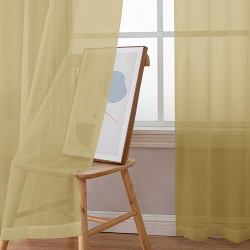 Image of Simplebrand Gold Sheer Curtains, 63 inch Length, 2 Panels Set - Light Filtering, Rod Pocket Window Curtains for Bedroom (Gold, 59 inch W x 63 inch L)