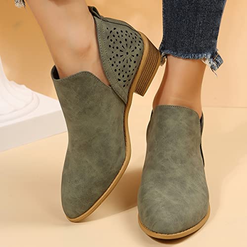 JITUUE Ankle Boots for Women Casual Cut Out Slip On Low Heel Short Chunky Stacked Heel Perforated Side V Cut Western Booties Cutout Shoes(Green,US 10 — view 2
