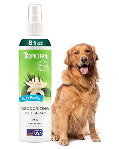 TropiClean Dog Perfume, Long Lasting Baby Powder Cologne, Deodorizing Spray for Smelly Dogs, After Bath Detangling Spray with Vitamin E, Safe for Cats, 8oz.