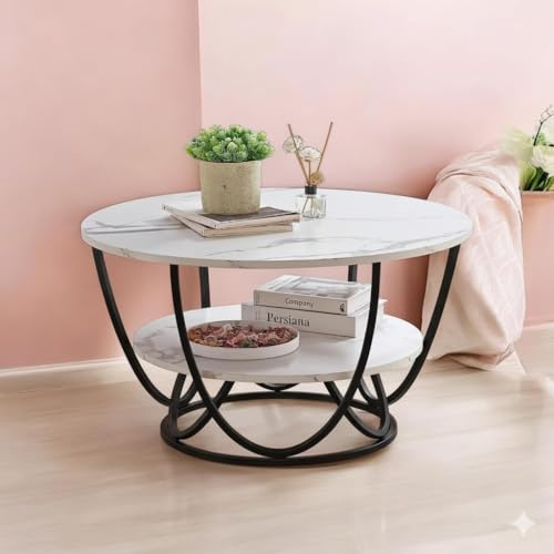 Image of Shoppee Coffee Table - Modern 2-Tier with Faux Marble Top and Gold Metal Frame - Stylish Center Table for Living Room, Sofa Table, Elegant Cocktail Table for Home, Office, Black & White