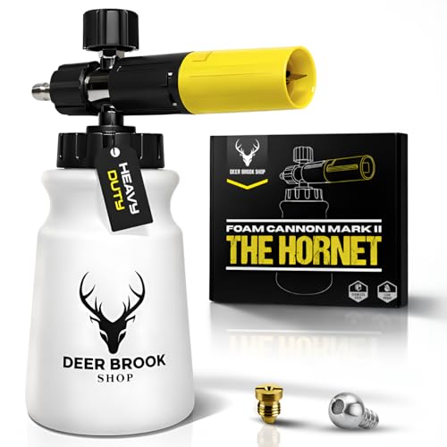 Deer Brook Shop Hornet Foam Cannon for Pressure Washer - Soap Dispenser for Power Washer - 4000 PSI Adjustable Car Wash Sprayer with Wide Mouth - 1/4" Quick Connector - Wide Mouth 1L Bottle