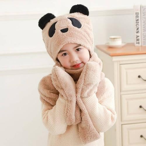 Kids 3 in 1 Plush Hat Scarf Gloves Set Winter Warm Long Hoodie Earflap Neck Warmer Mitten with Pocket Set Cute Boy Girl Gift4