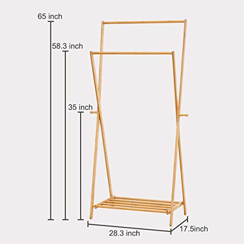 Copree Bamboo Garment Coat Clothes Hanging Heavy Duty Rack Foldable Space Saving Stand With 2 Top Rod And Lower Shoe Clothing Storage Organizer Shelves #TOP5