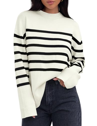 ZESICA Women's 2025 Fall Winter Striped Long Sleeve Crew Neck Ribbed Knit Side Slit Oversized Pullover Sweater Jumper Top