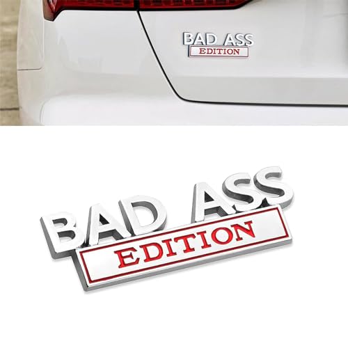 Image of 1 PC Car Fender Badge Sticker, 3.93 inch x 1.33 inch Self-Adhesive Bad Ass Edition Tailgate Front Grille Hood Sticker, Car Decorative Modification Accessory, for Most Car Models (Silver & Red)