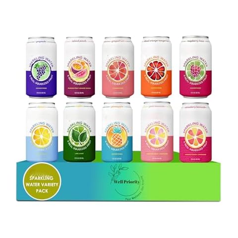 NEW FLAVORS Sparkling Water Variety Pack | Party Favors | Made with Real Squeezed Fruit - No Sugar Added | Pack of 10 Different Assorted Flavors Include Island Punch, Grapeade, Nojito, Strawberry Lemonade and more | 12 Fl Oz Cans | No Flavor Duplication Guaranteed by Well Priority Cover