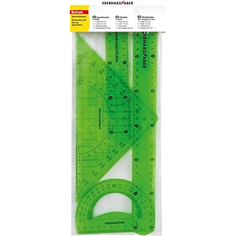 Eberhard Faber 570005 Geometry 2 rulers 15 cm 30 cm, Protractor and Set Square Approx. 22 cm Long, Made of Plastic, Very shatterproof, Ideal for School, Leisure and Office, Green Cover