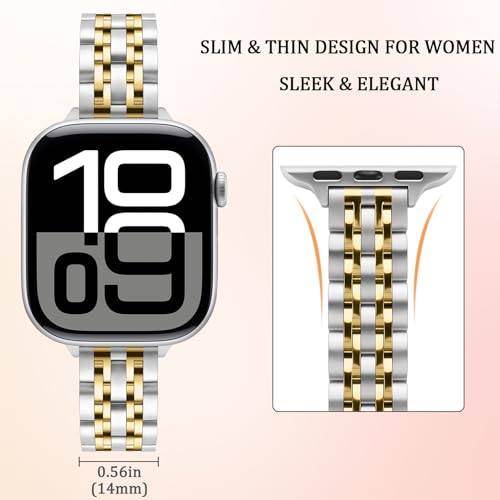 Image of Anlinser Metal Bands Compatible with Apple Watch Band for Women 49 /46 /45 /44 /42 /41 /40 /38mm, Thin Band Designed for iWatch Ultra 3-1 Series 11 10 9 8 7 6 5 4-1 SE (49 /46 /45 /44 /42mm, Silver Gold)