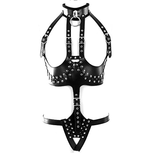 MAMOHSS Women's Faux Leather High Collared Body Chest Harness Punk Gothic Costumes Lingerie Outfits Black
