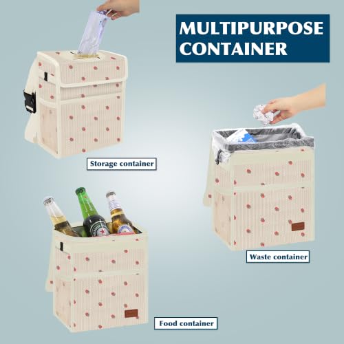 Image of Femuar Leak Proof Car Trash Can with Lid, Collapsible Hanging Waterproof Car Trash Bag with Mesh Pocket for SUV Front Seat Headrest, Beige Strawberry