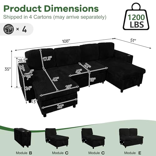 Image of Oversized Sectional Couch, U Shaped Corduroy Couch for Living Room, Sectional Sleeper Sofa with Pull Out Bed, Convertible Sofa Bed for Living Room, Bedroom and Apartment, Black