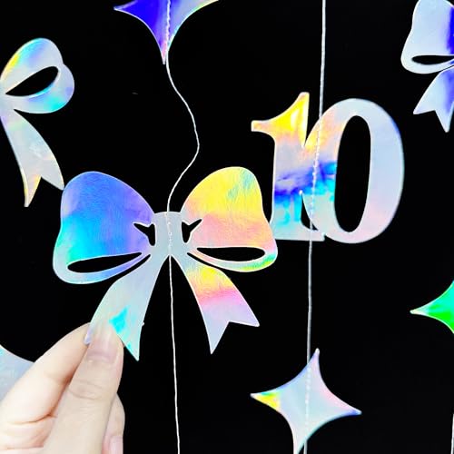 Image of Iridescent 10th Bow Birthday Decorations Glitter Conquette Bow Garland Streamer Banner Backdrop for Girls Boys Happy 10th Birthday Double Digits Cheers to 10 Years Old Anniversary Party Supplies