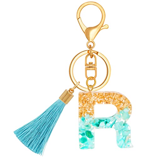 Chaveiros com letra inicial para meninas e mulheres, chaveiro de borla fofo ciano para mochila escolar, Azul - R, Standard