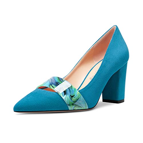 NobleOnly Women Mid Chunky Block Heel Pointed Toe Slip-on Office Casual Party Pumps Dress Basic Classic Shoes 3.2 Inches Heels