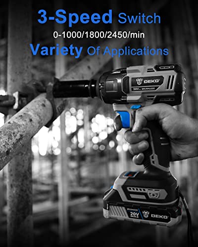 Dekopro Cordless Impact Wrench 1/2Inch,20V Power Impact Wrench, Powerful Brushless Motor, 3-Variable Speed, Max Torque 258 Ft-Lbs (350N.m), 2X2.0A Li-Ion Battery, 1 Hour Fast Charger And Tool Bag #TOP3
