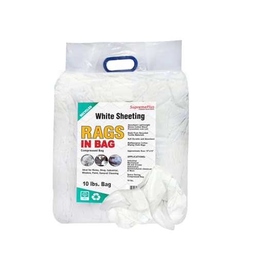 SupremePlus Recycled White Sheeting Rags – Lint Free Rag for All Cleaning Purpose, Shop Bulk Wipes in Bag, Clean & Wipe Paint, Window, Oil, Stain, & Grease, Cotton Linen Fabric Cloth (10 lbs. Bag)