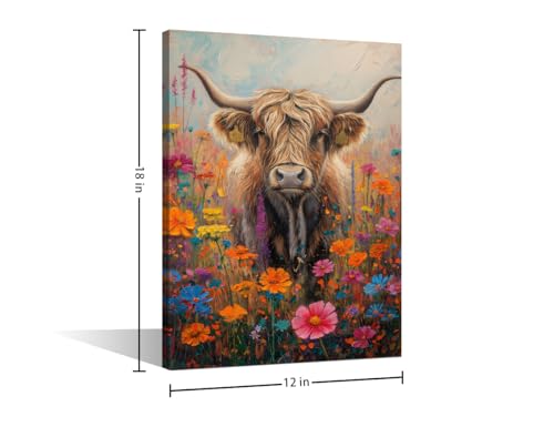 Toile murale fleurs et vache 45x30 cm tableau cadre bois nature - 4