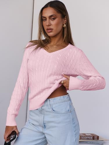 Image of ANRABESS Women's Cable Knit V Neck Fitted Sweaters
