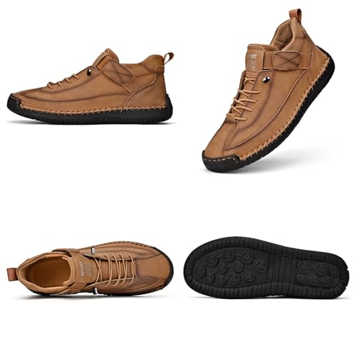 Image of Men'S Hand Stitching Leather Chukka Ankle Boots with Adjustable Elastic Band Casual Slip-On Non-Slip Walking Loafers Retro High Top Flat Shoes